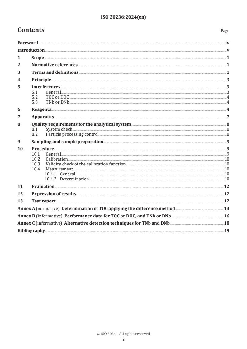 ISO 20236:2024 - Water quality — Determination of total organic carbon (TOC), dissolved organic carbon (DOC), total bound nitrogen (TNb) and dissolved bound nitrogen (DNb) after high temperature catalytic oxidative combustion
Released:11/15/2024