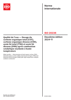 ISO 20236:2024 ISO 20236:2024 - Qualité de l'eau — Dosage du carbone organique total (COT), carbone organique dissous (COD), azote lié total (TNb) et azote lié dissous (DNb) après combustion catalytique oxydante à haute température
Released:11/15/2024 - Page 1 preview