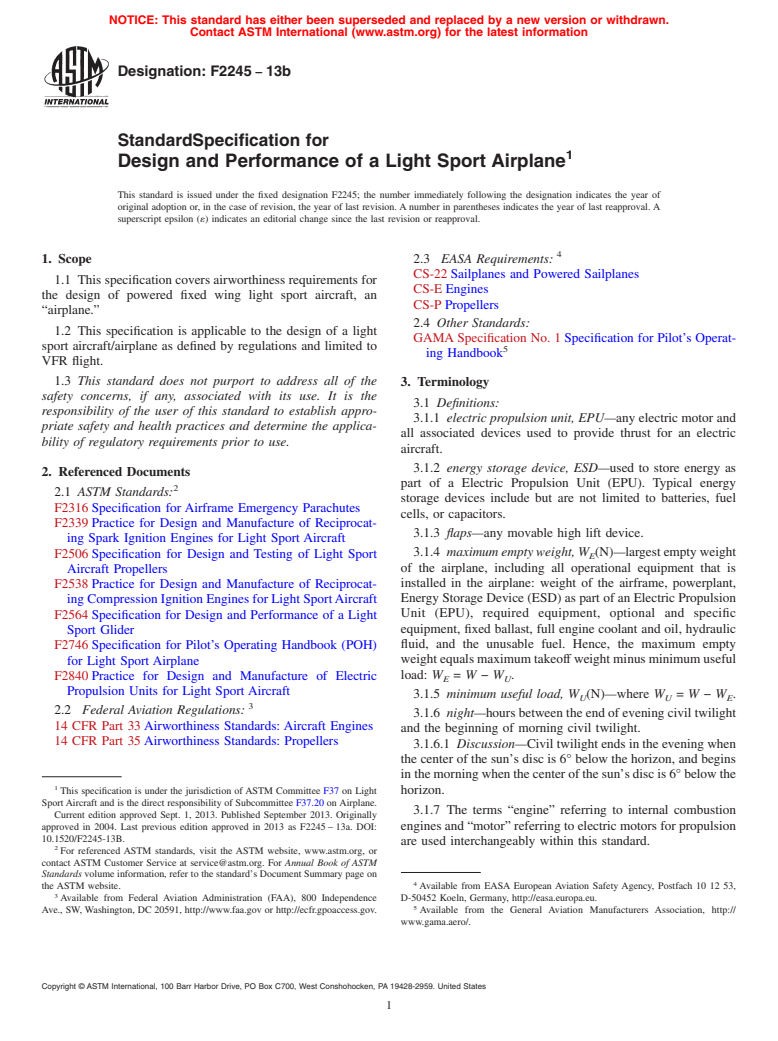 ASTM F2245-13b - Standard Specification for  Design and Performance of a Light Sport Airplane