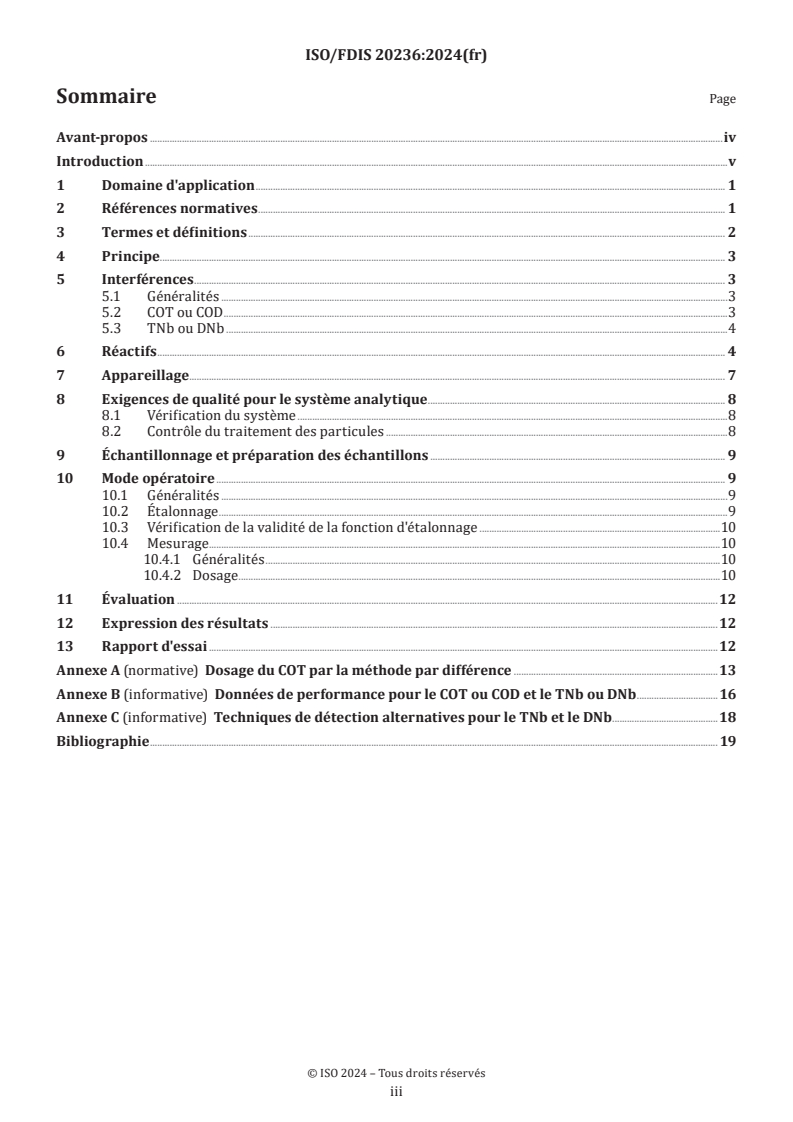 ISO 20236 - Qualité de l'eau — Dosage du carbone organique total (COT), carbone organique dissous (COD), azote lié total (TNb) et azote lié dissous (DNb) après combustion catalytique oxydante à haute température
Released:7/24/2024