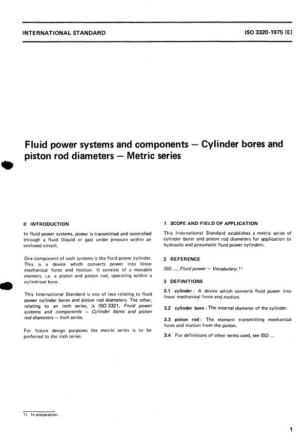 ISO 3320:1975 - Fluid power systems and components -- Cylinder bores and piston rod diameters -- Metric series