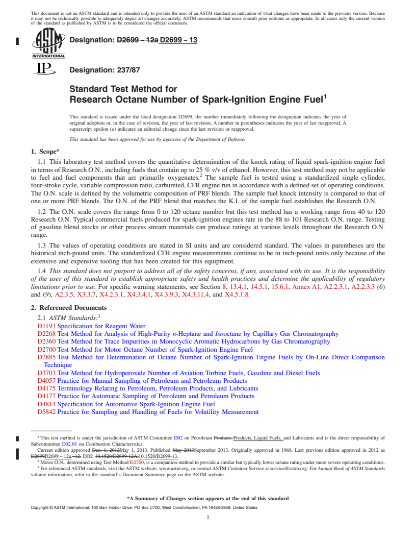 REDLINE ASTM D2699-13 - Standard Test Method for Research Octane Number of Spark-Ignition Engine Fuel