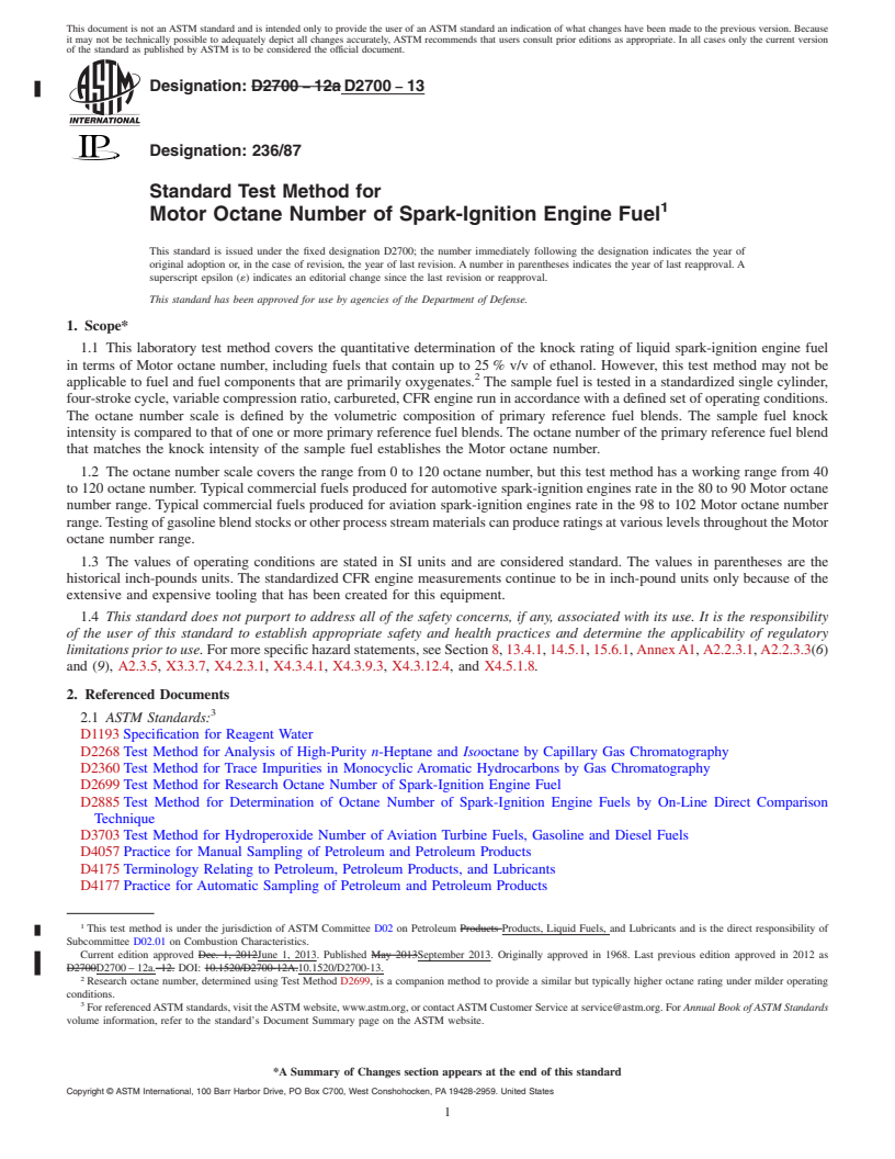 REDLINE ASTM D2700-13 - Standard Test Method for Motor Octane Number of Spark-Ignition Engine Fuel