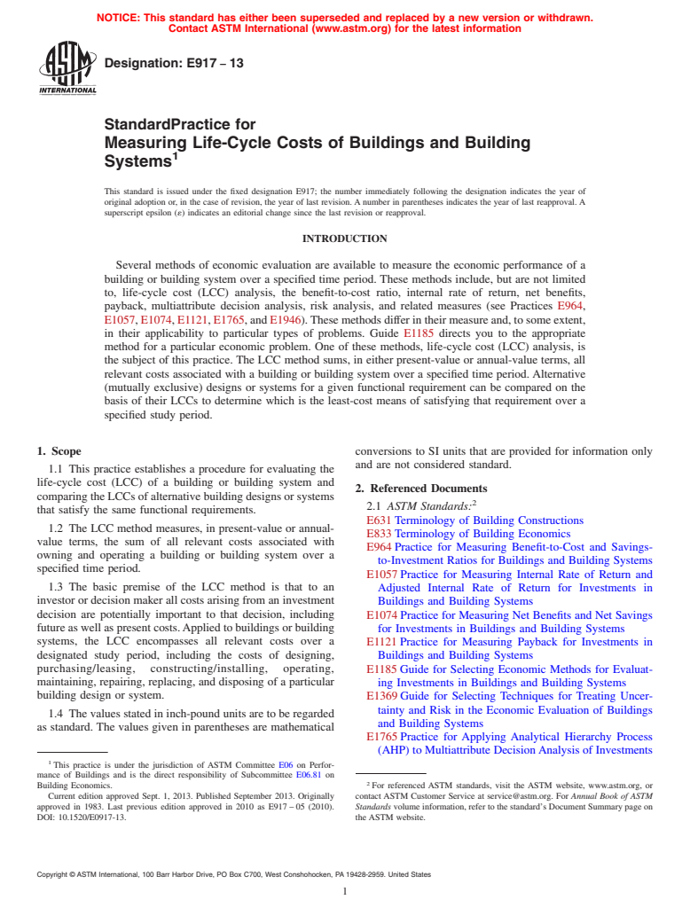 ASTM E917-13 - Standard Practice for  Measuring Life-Cycle Costs of Buildings and Building Systems