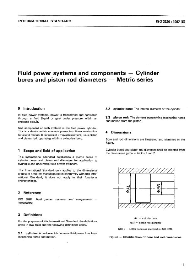 ISO 3320:1987 - Fluid power systems and components -- Cylinder bores and piston rod diameters -- Metric series