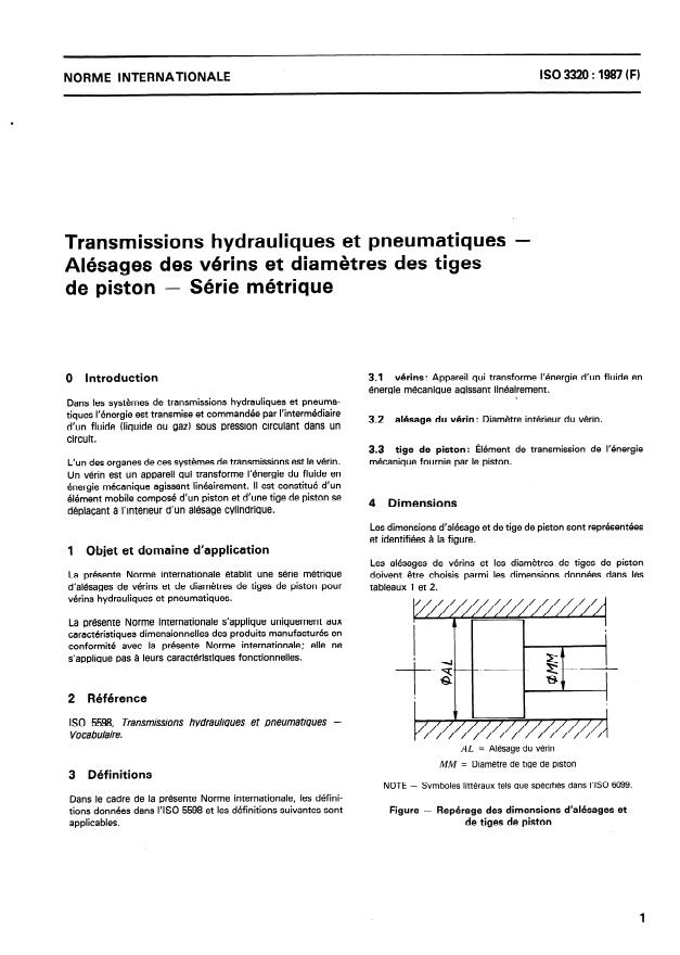 ISO 3320:1987 - Transmissions hydrauliques et pneumatiques -- Alésages des vérins et diametres des tiges de piston -- Série métrique