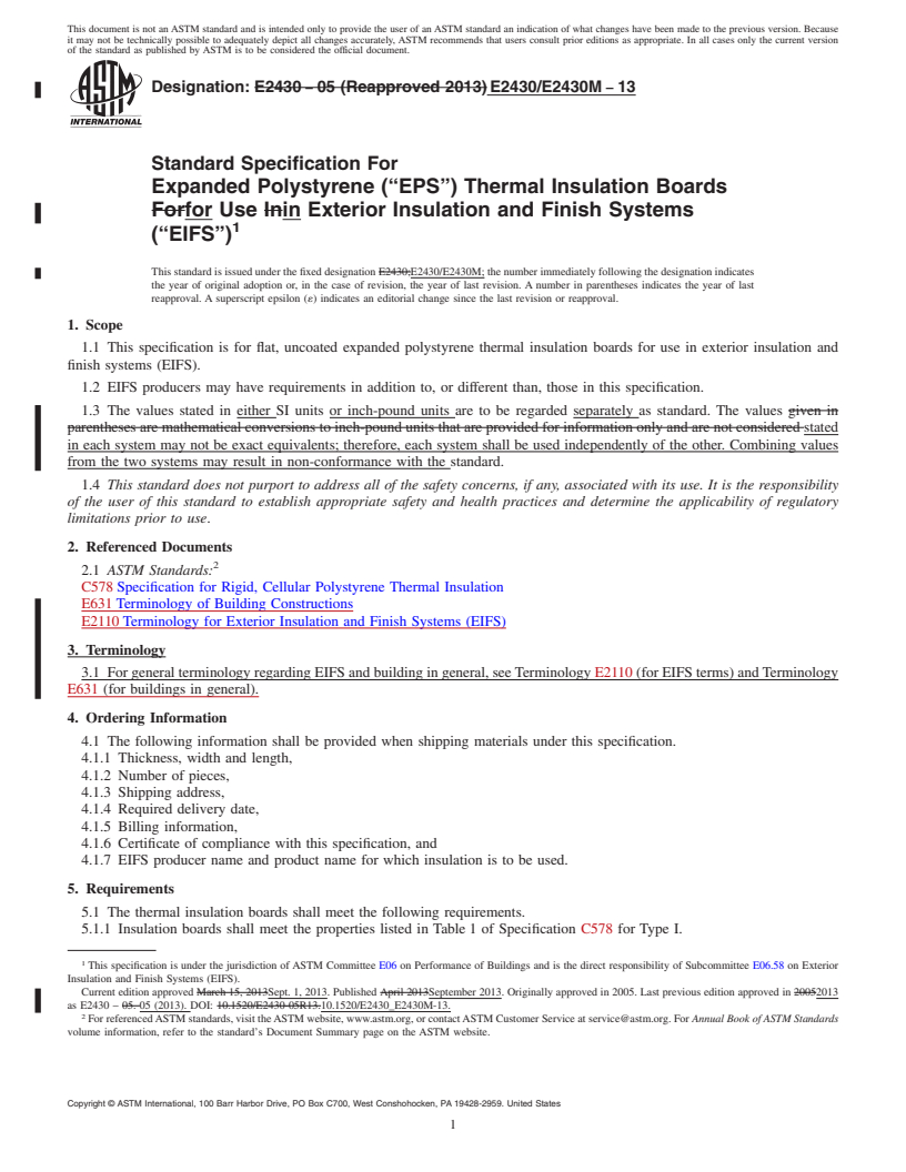 REDLINE ASTM E2430/E2430M-13 - Standard Specification For Expanded Polystyrene (&ldquo;EPS&rdquo;) Thermal Insulation Boards For Use In Exterior Insulation and Finish Systems (&ldquo;EIFS&rdquo;)