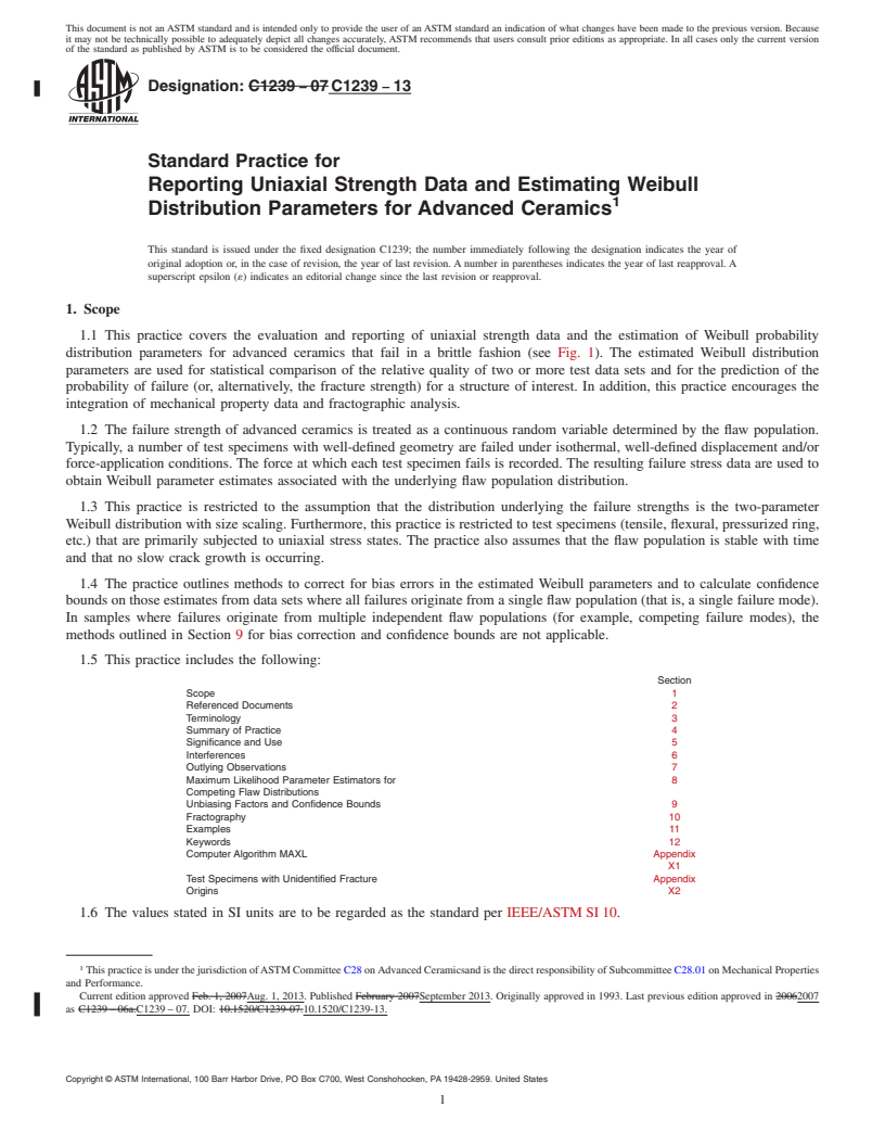 REDLINE ASTM C1239-13 - Standard Practice for  Reporting Uniaxial Strength Data and Estimating Weibull Distribution   Parameters for Advanced Ceramics