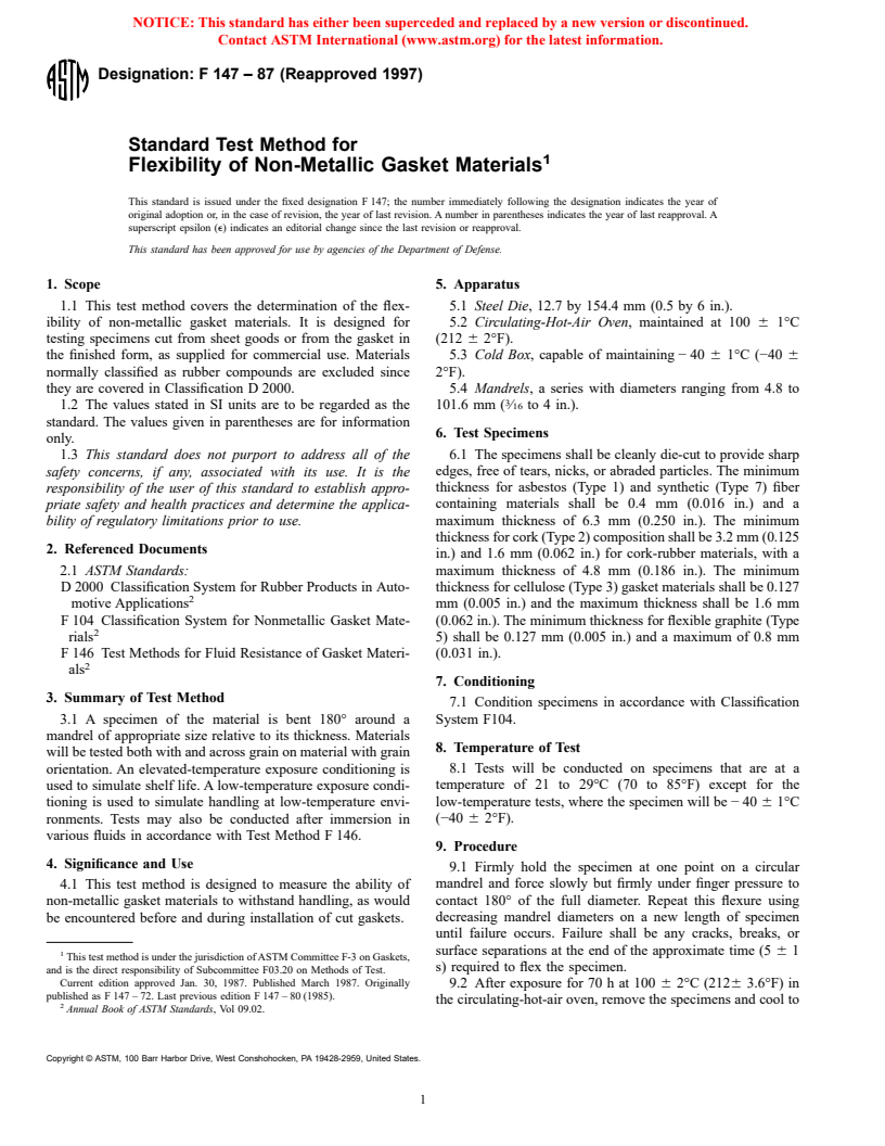 ASTM F147-87(1997) - Standard Test Method for Flexibility of Non-Metallic Gasket Materials