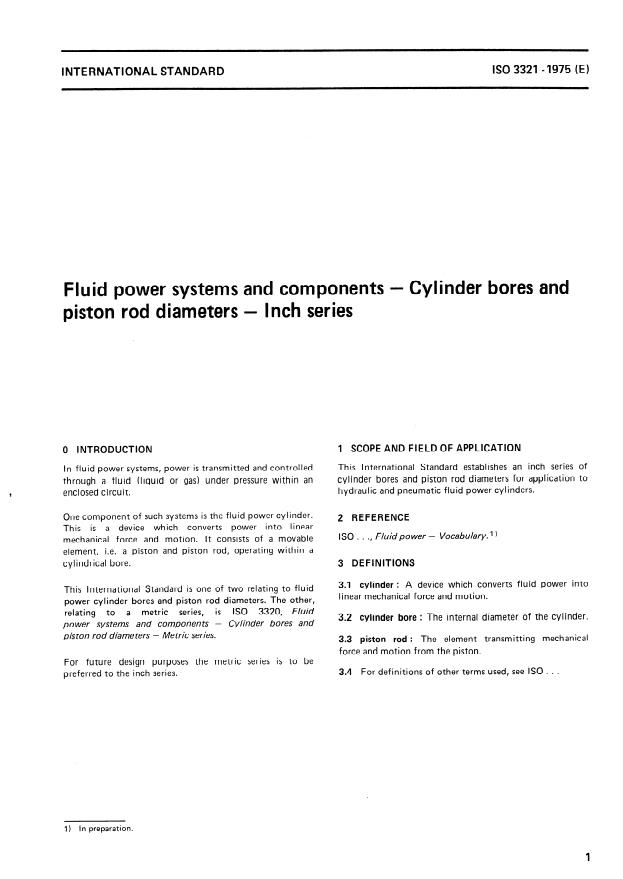 ISO 3321:1975 - Fluid power systems and components -- Cylinder bores and piston rod diameters -- Inch series