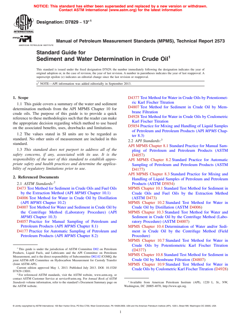 ASTM D7829-13e1 - Standard Guide for Sediment and Water Determination in Crude Oil