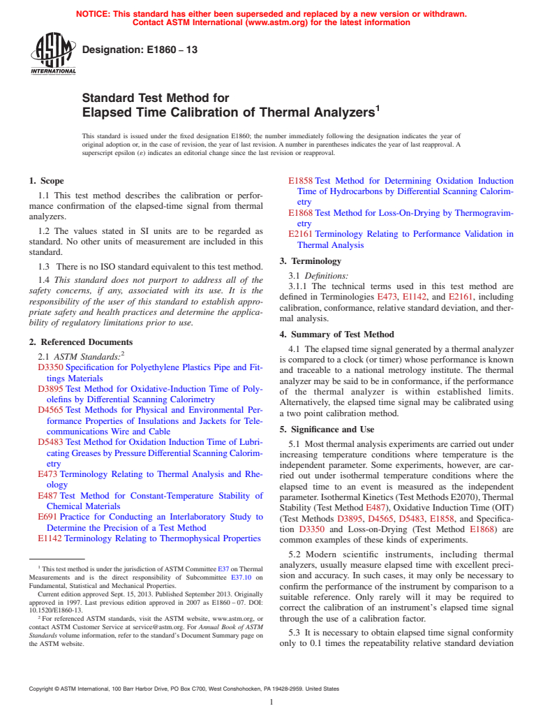 ASTM E1860-13 - Standard Test Method for  Elapsed Time Calibration of Thermal Analyzers