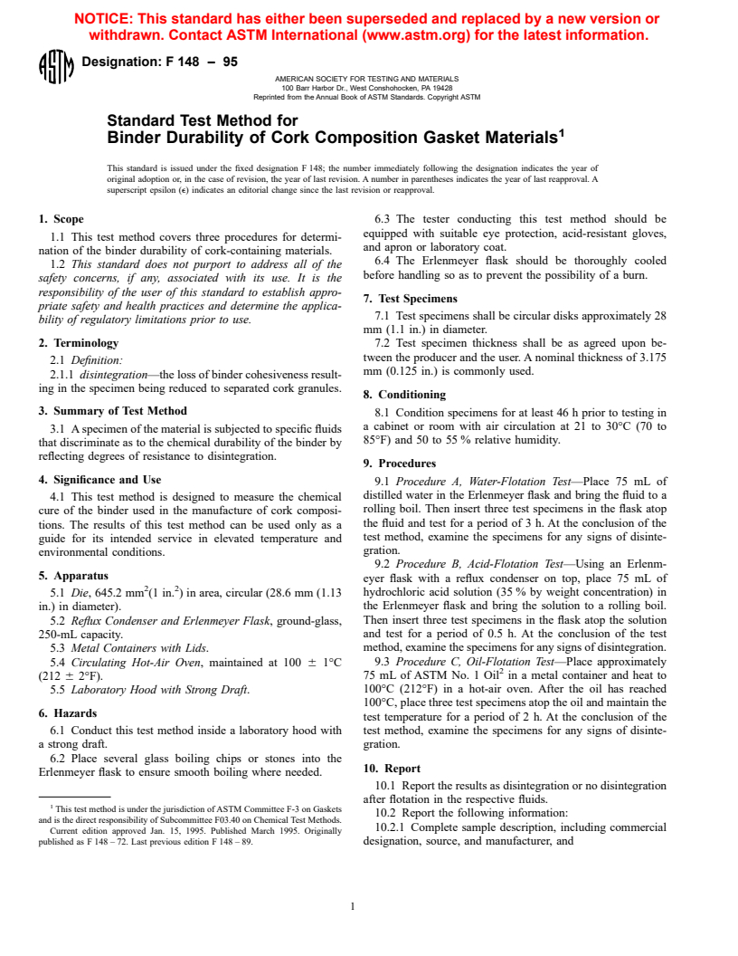 ASTM F148-95 - Standard Test Method for Binder Durability of Cork Composition Gasket Materials