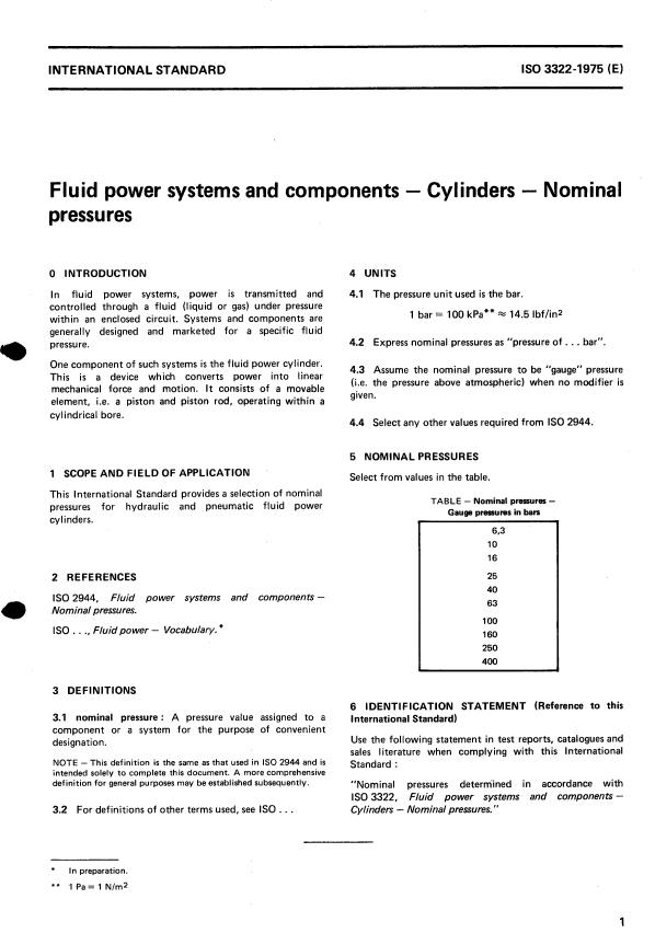 ISO 3322:1975 - Fluid power systems and components -- Cylinders -- Nominal pressures