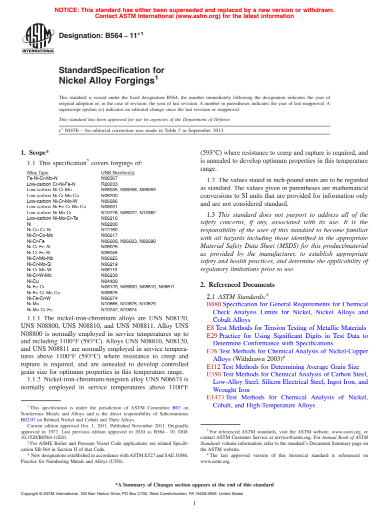 ASTM B564-11e1 - Standard Specification for Nickel Alloy Forgings