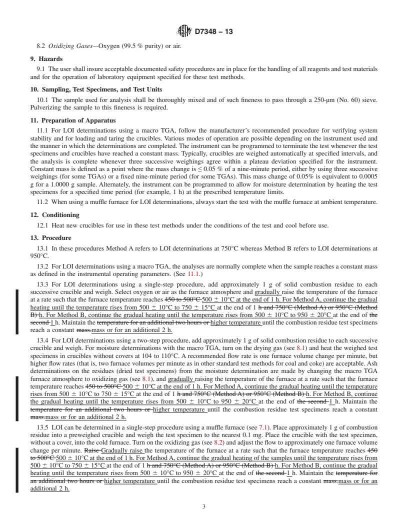 REDLINE ASTM D7348-13 - Standard Test Methods for   Loss on Ignition (LOI) of Solid Combustion Residues