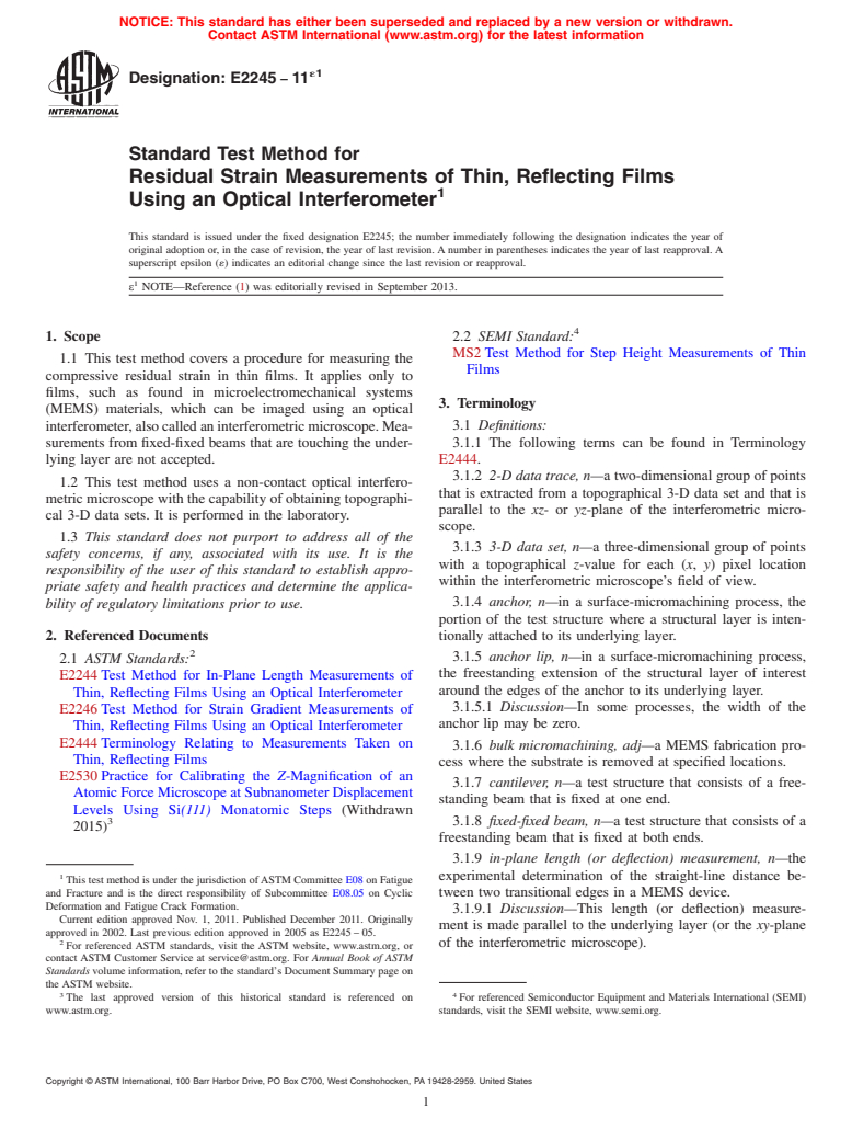 ASTM E2245-11e1 - Standard Test Method for  Residual Strain Measurements of Thin, Reflecting Films Using  an Optical Interferometer