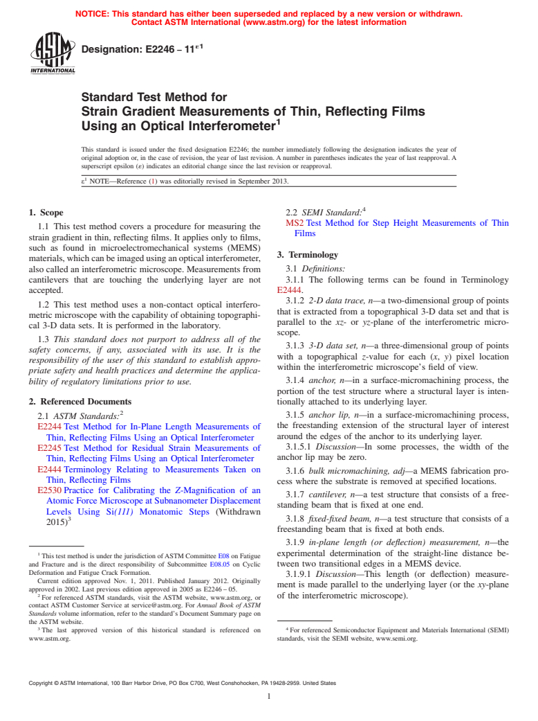 ASTM E2246-11e1 - Standard Test Method for  Strain Gradient Measurements of Thin, Reflecting Films Using  an Optical Interferometer