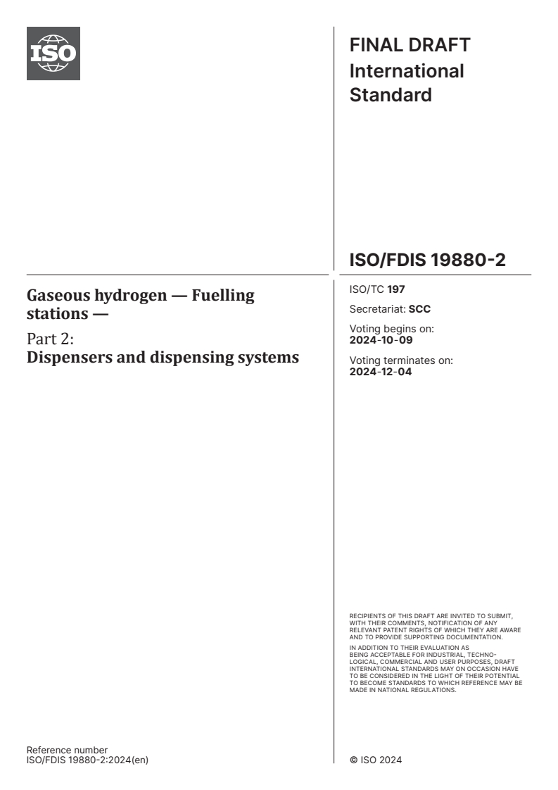 ISO/FDIS 19880-2 - Gaseous hydrogen — Fuelling stations — Part 2: Dispensers and dispensing systems
Released:25. 09. 2024