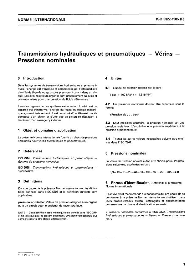 ISO 3322:1985 - Transmissions hydrauliques et pneumatiques -- Vérins -- Pressions nominales