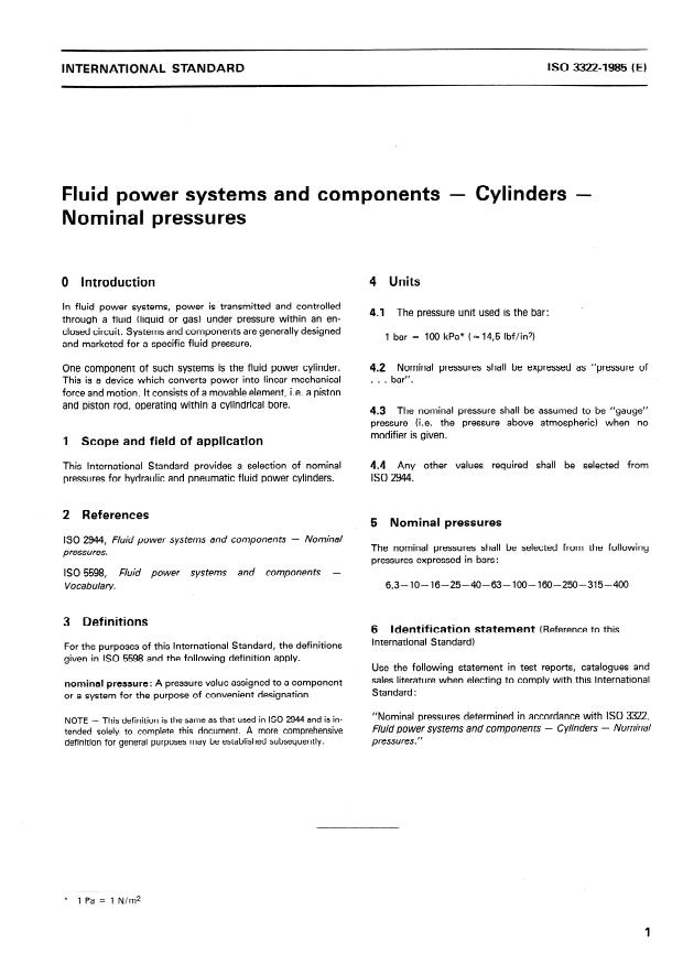 ISO 3322:1985 - Fluid power systems and components -- Cylinders -- Nominal pressures
