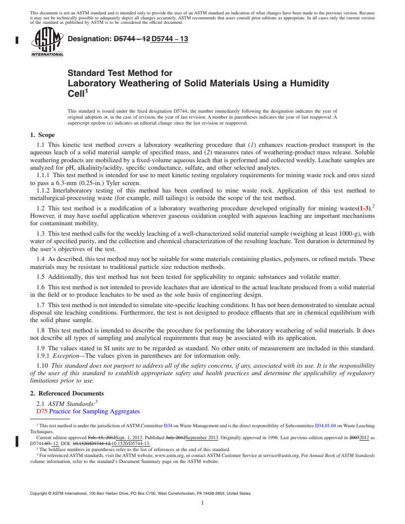 REDLINE ASTM D5744-13 - Standard Test Method for  Laboratory Weathering of Solid Materials Using a Humidity Cell