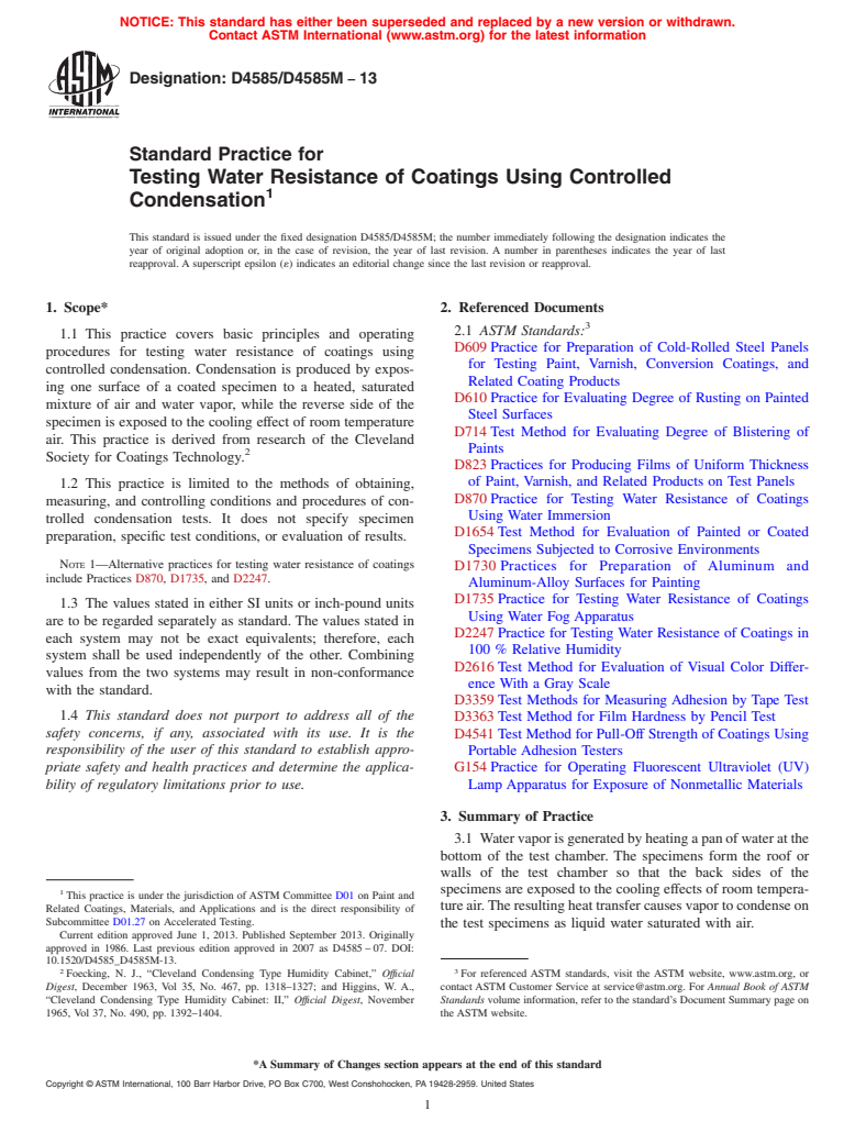 ASTM D4585/D4585M-13 - Standard Practice for Testing Water Resistance of Coatings Using Controlled Condensation