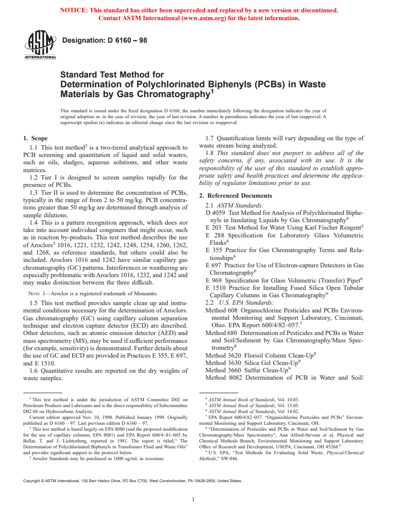 ASTM D6160-98 - Standard Test Method for Determination of Polychlorinated Biphenyls (PCBs) in Waste Materials by Gas Chromatography