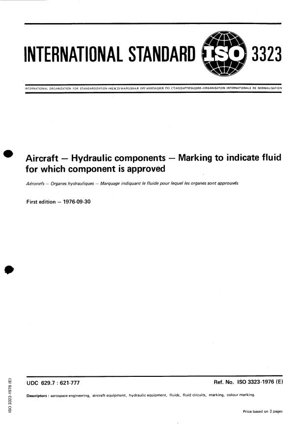 ISO 3323:1976 - Aircraft -- Hydraulic components -- Marking to indicate fluid for which component is approved