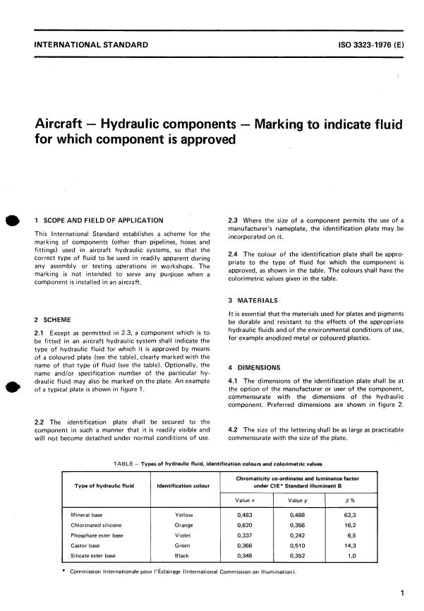 ISO 3323:1976 - Aircraft -- Hydraulic components -- Marking to indicate fluid for which component is approved