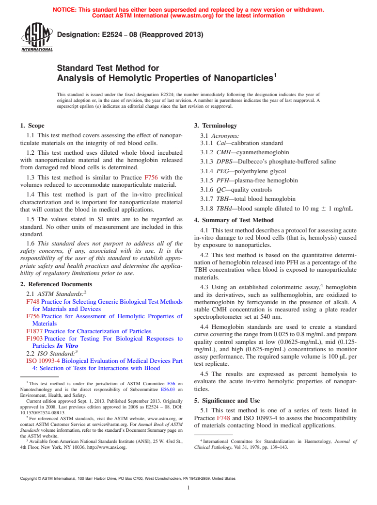 ASTM E2524-08(2013) - Standard Test Method for  Analysis of Hemolytic Properties of Nanoparticles (Withdrawn 2022)