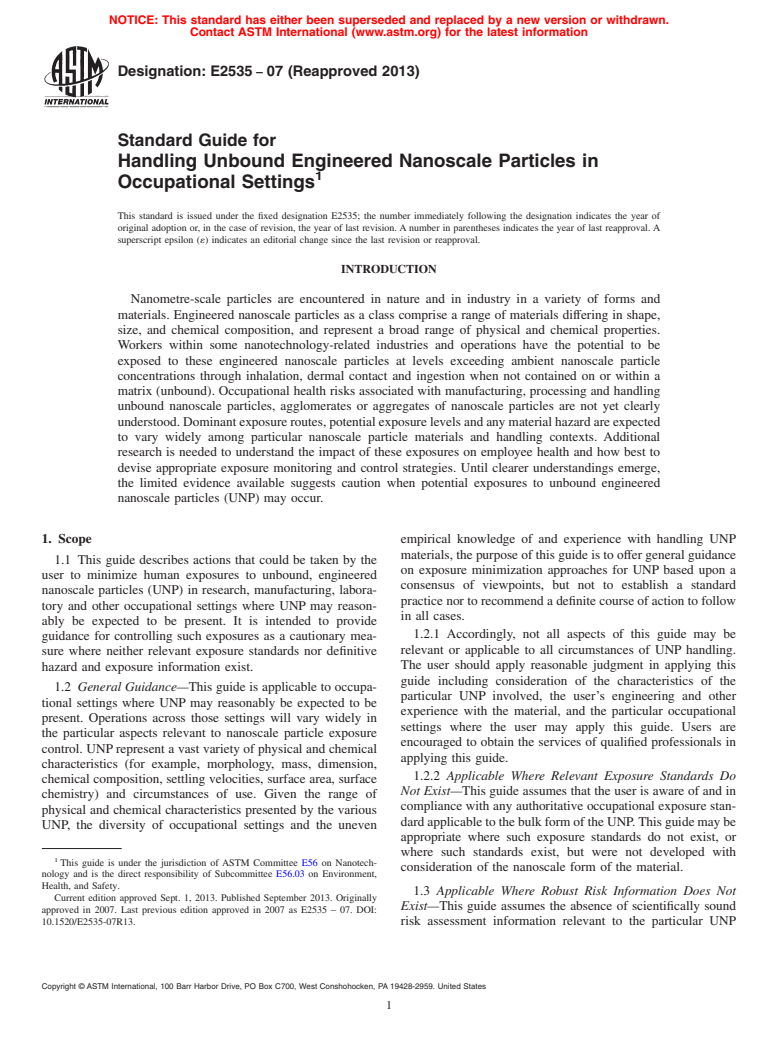 ASTM E2535-07(2013) - Standard Guide for  Handling Unbound Engineered Nanoscale Particles in Occupational  Settings