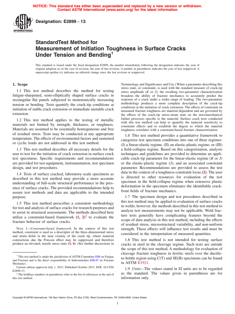 ASTM E2899-13 - Standard Test Method for Measurement of Initiation Toughness in Surface Cracks Under  Tension and Bending