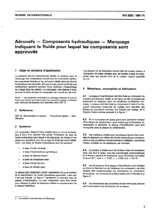 ISO 3323:1987 - Aéronefs -- Composants hydrauliques -- Marquage indiquant le fluide pour lequel les composants sont approuvés