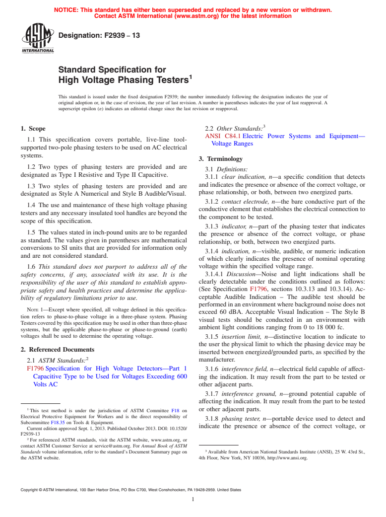 ASTM F2939-13 - Standard Specification for High Voltage Phasing Testers