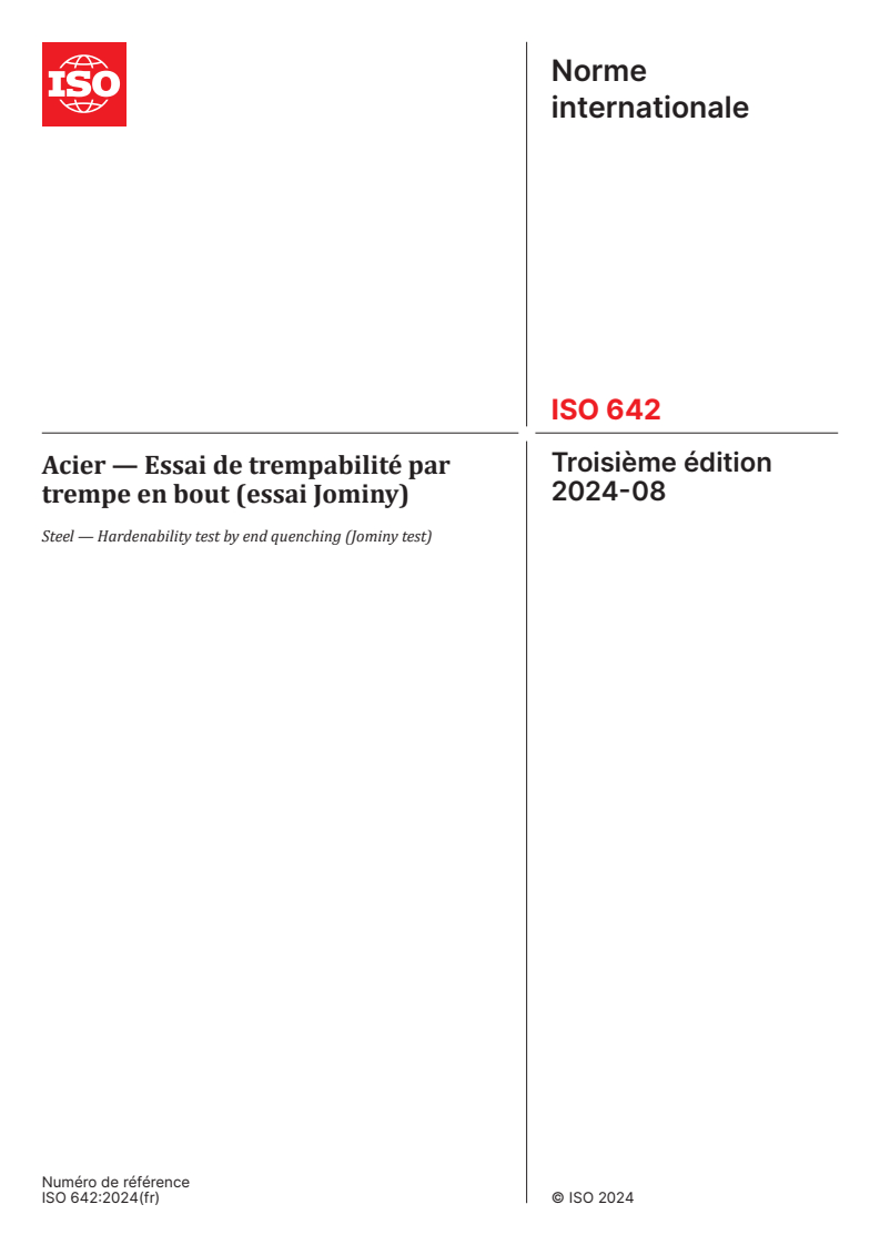 ISO 642:2024 - Acier — Essai de trempabilité par trempe en bout (essai Jominy)
Released:22. 08. 2024