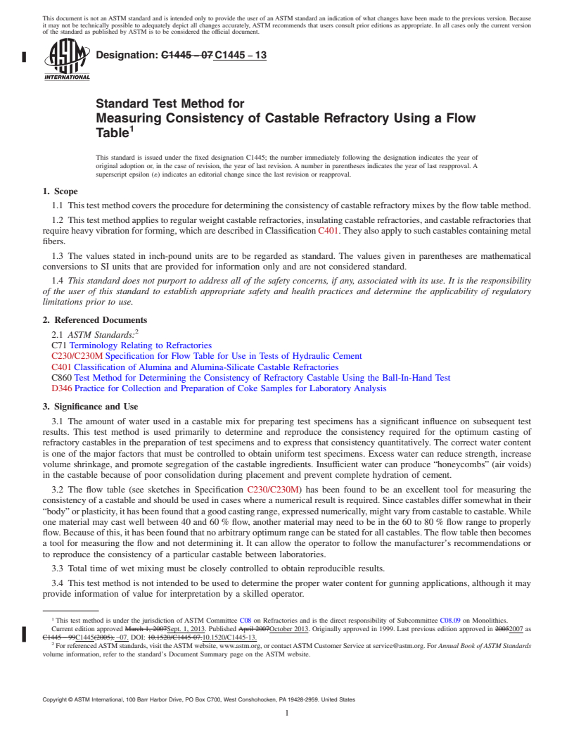 REDLINE ASTM C1445-13 - Standard Test Method for  Measuring Consistency of Castable Refractory Using a Flow Table