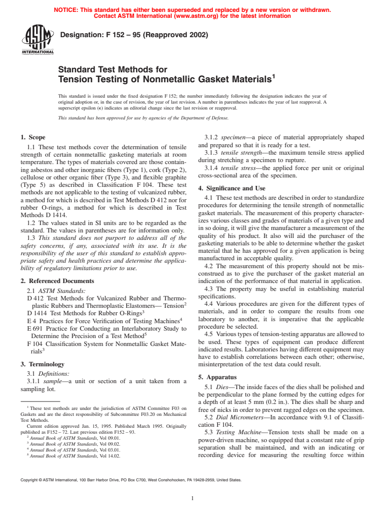 ASTM F152-95(2002) - Standard Test Methods for Tension Testing of Nonmetallic Gasket Materials