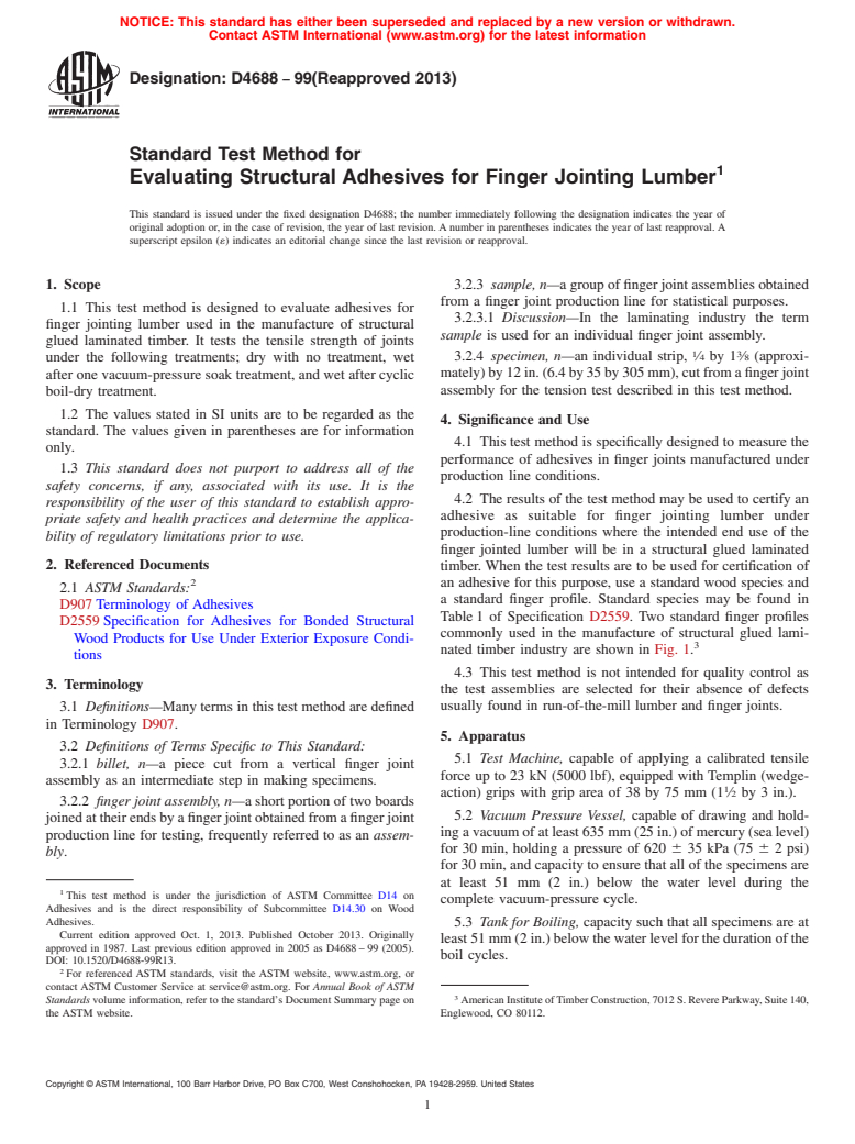 ASTM D4688-99(2013) - Standard Test Method for Evaluating Structural Adhesives for Finger Jointing Lumber