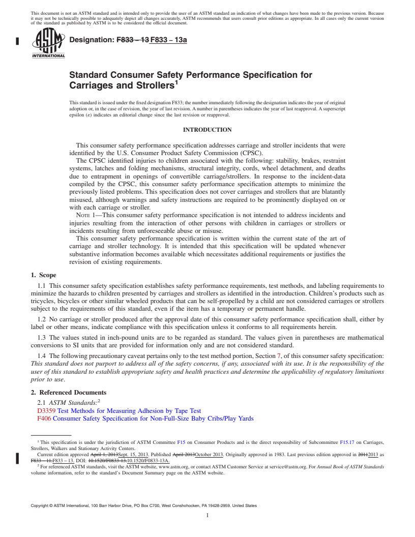 REDLINE ASTM F833-13a - Standard Consumer Safety Performance Specification for  Carriages and Strollers