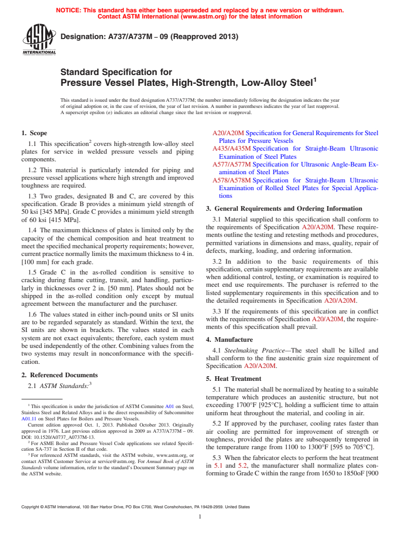 ASTM A737/A737M-09(2013) - Standard Specification for  Pressure Vessel Plates, High-Strength, Low-Alloy Steel