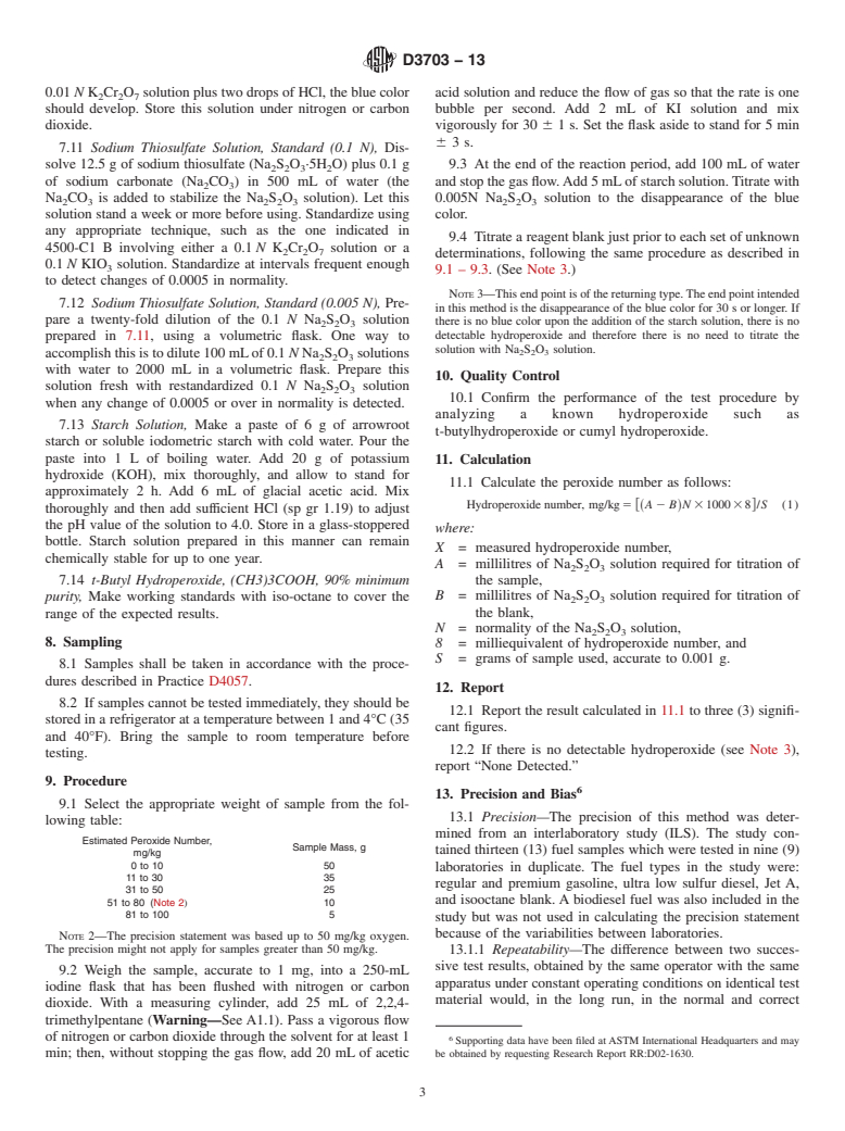 ASTM D3703-13 - Standard Test Method for Hydroperoxide Number of Aviation Turbine Fuels, Gasoline and   Diesel Fuels