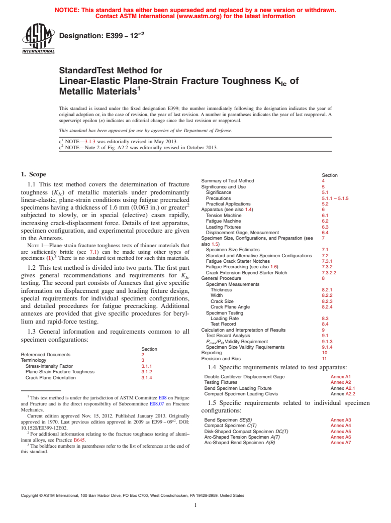ASTM E399-12e2 - Standard Test Method for  Linear-Elastic Plane-Strain Fracture Toughness K<inf>Ic</inf  > of Metallic Materials