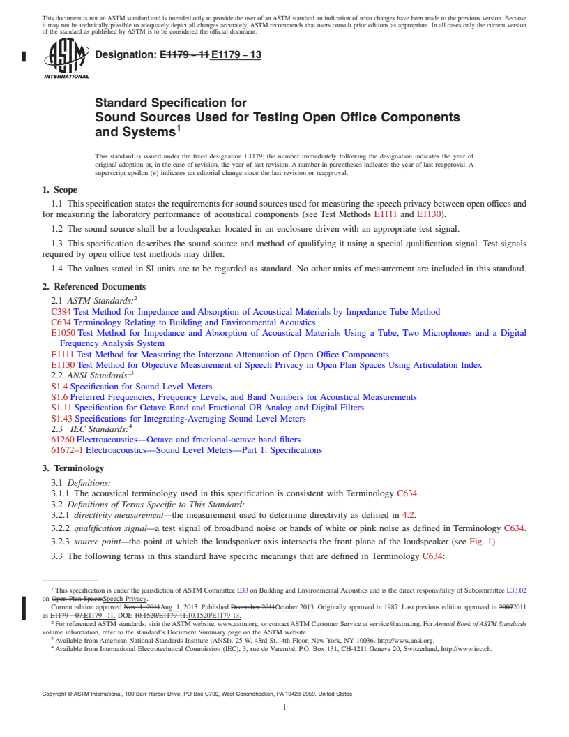 REDLINE ASTM E1179-13 - Standard Specification for  Sound Sources Used for Testing Open Office Components and Systems