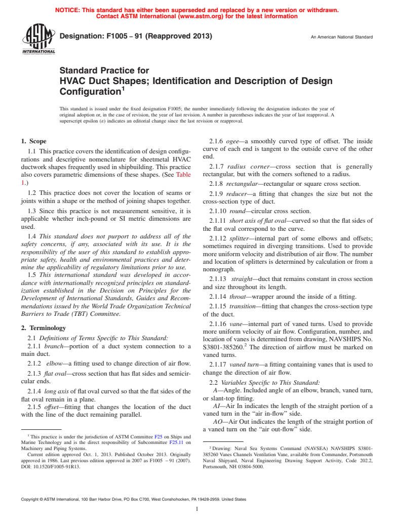 ASTM F1005-91(2013) - Standard Practice for  HVAC Duct Shapes; Identification and Description of Design  Configuration