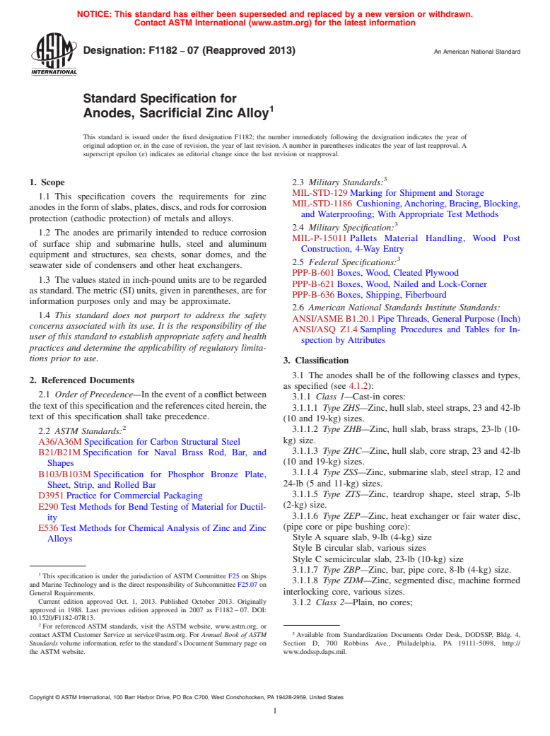 ASTM F1182-07(2013) - Standard Specification for  Anodes, Sacrificial Zinc Alloy