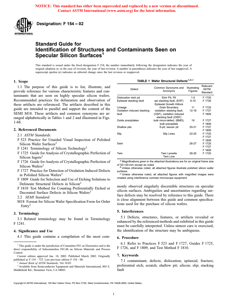 ASTM F154-02 - Standard Guide for Identification of Structures and Contaminants Seen on Specular Silicon Surfaces (Withdrawn 2003)