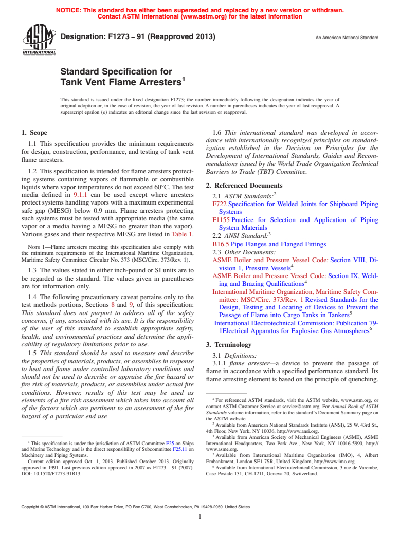 ASTM F1273-91(2013) - Standard Specification for  Tank Vent Flame Arresters