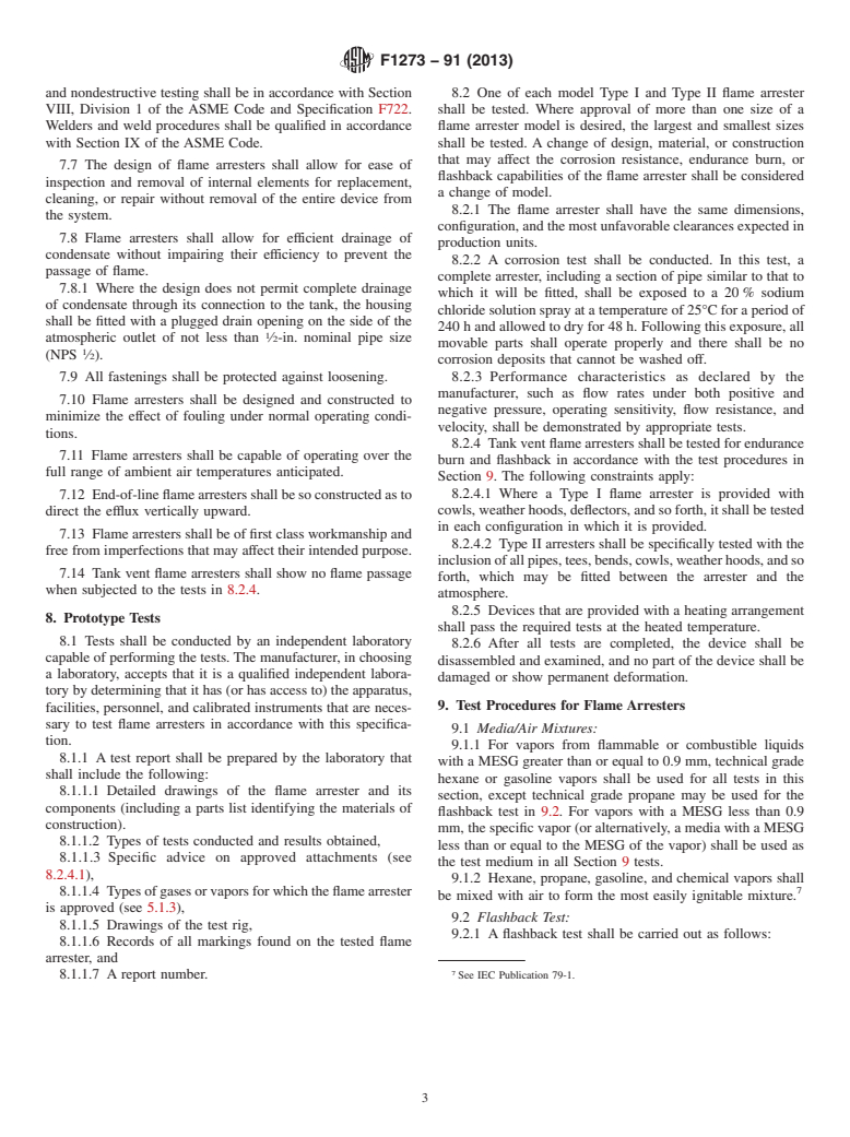 ASTM F1273-91(2013) - Standard Specification for  Tank Vent Flame Arresters