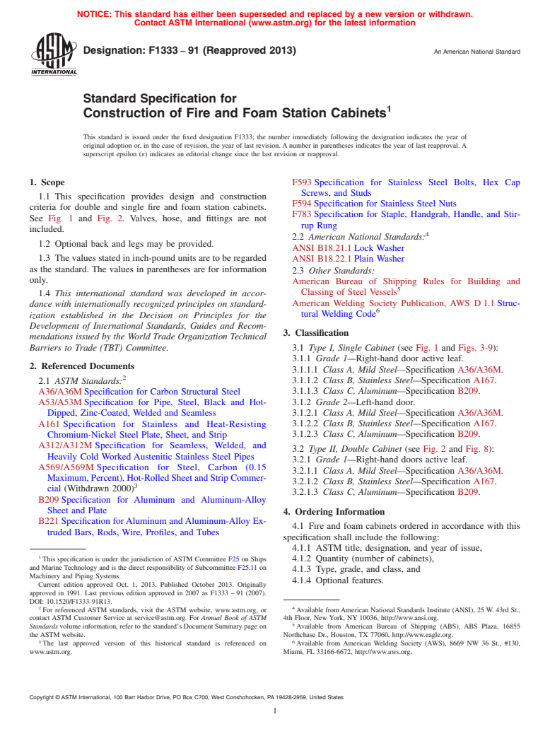 ASTM F1333-91(2013) - Standard Specification for  Construction of Fire and Foam Station Cabinets